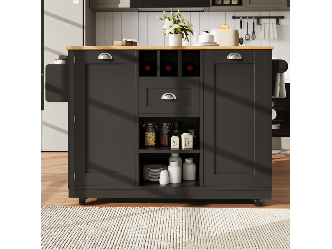 Ilha de cozinha móvel Mobrio preta, 140 x 70 x 93,5 cm, 1 gaveta e 2 portas, bandeja extensível com rodas