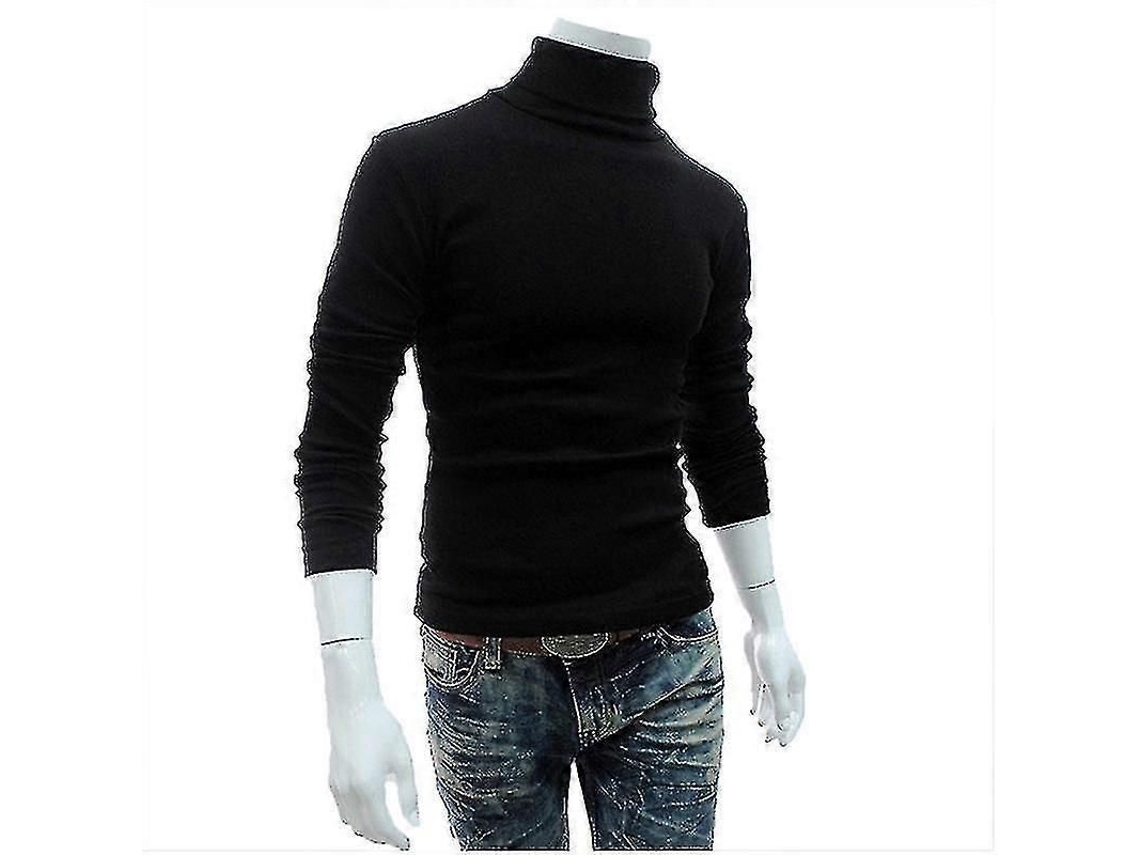 Suéter De Gola Alta Masculino De Tricô De Algodão Blend, Manga Longa, Casual, Tamanho Regular, Inverno E Primavera Preto