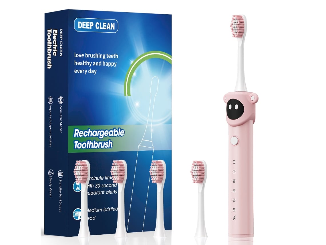 Escova de Dentes Elétrica Infantil, 6 Modos com 4 Cabeças de Reposição. Rosa CZHHMART