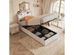 Cama Individual 90x200 Cm Cama Estofada Com Baú Hidráulico Cabeceira Com Led Usb E Design Capitonê Para Quarto Com Estilo Contemporâneo Beige