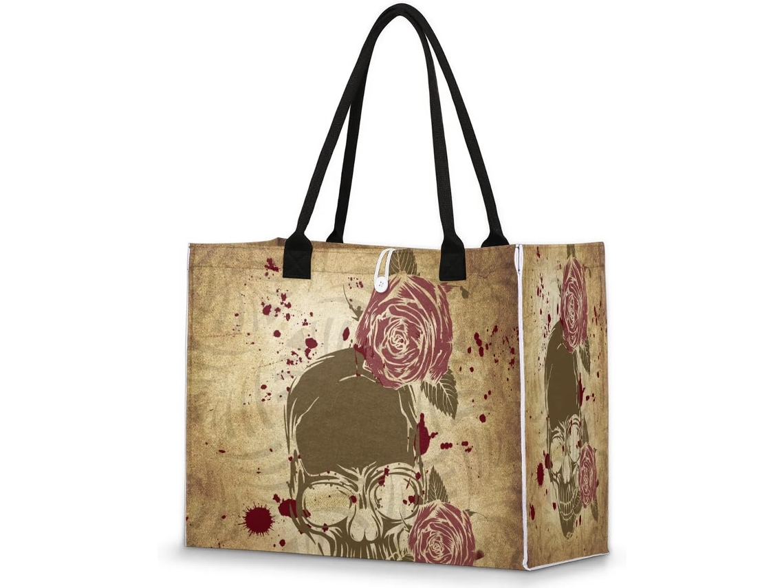 Bolsa Vintage Grande Tropicallife com Estampa Floral e Caveira 42 x 17 x 33 cm