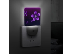 Luminária noturna de LED em formato de flor roxa com sensor crepuscular, eficiente e decorativa para ambientes internos e externos.