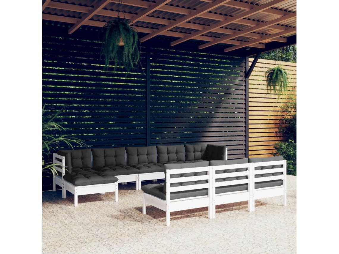 Vidaxl 10 Pcs Conjunto Lounge De Jardim C/ Almofadões Pinho Branco
