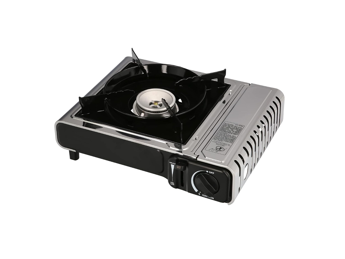 Fogão a gás portátil para camping Klack com caixa – Aço inoxidável, ignição piezoelétrica, para cartuchos de 230g