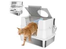 Caixa Areia Gatos Xl Aço Inox. C/ Tampa Articul. Laterais Altas Pá Fácil Limpar Antivazamento Cinza Claro