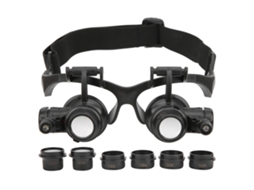 Lupa para joias com 2 luzes LED e 8 lentes intercambiáveis (10x, 15x, 20x e 25x).