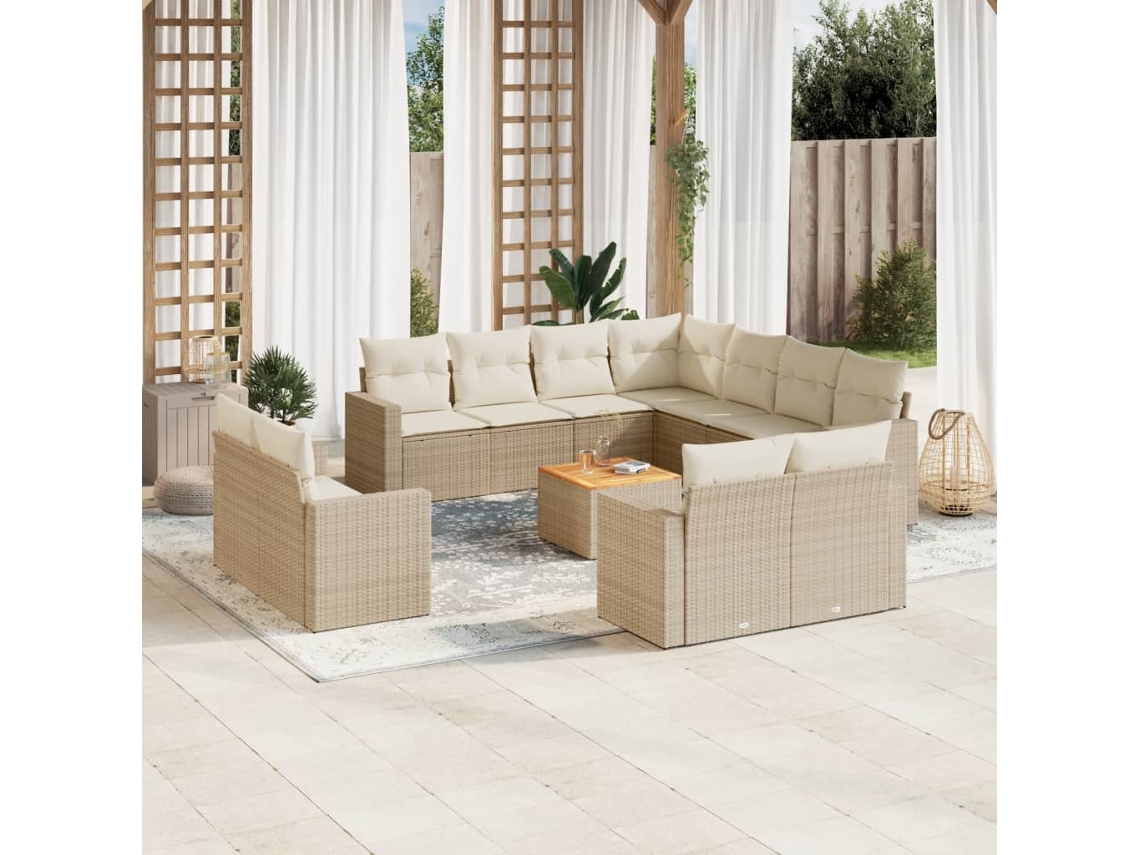 Vidaxl 12 Pcs Conjunto De Sofás P/ Jardim Com Almofadões Vime Pe Bege
