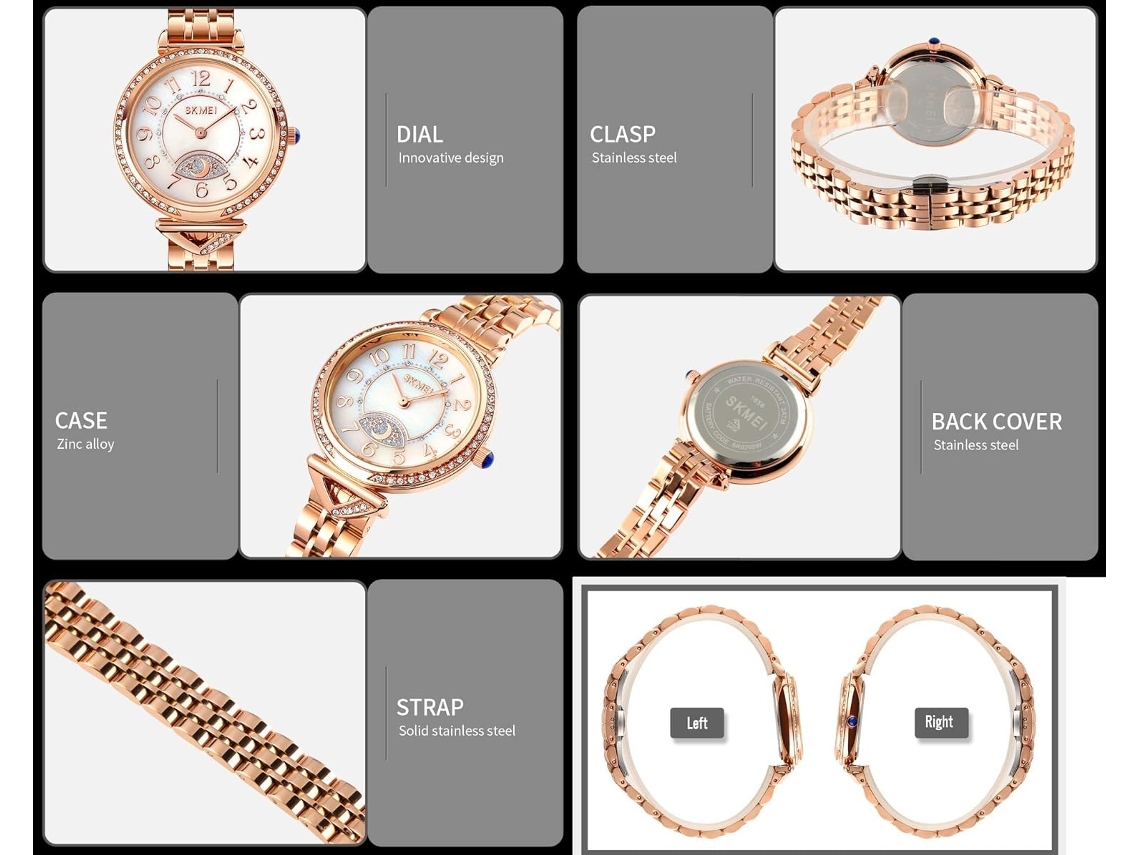 Lurelia Relógio De Pulso, Movimento De Quartzo, Duplo Fuso/mostrador, Detalhes Com Strass, Vidro Mineral, Rosa Ouro