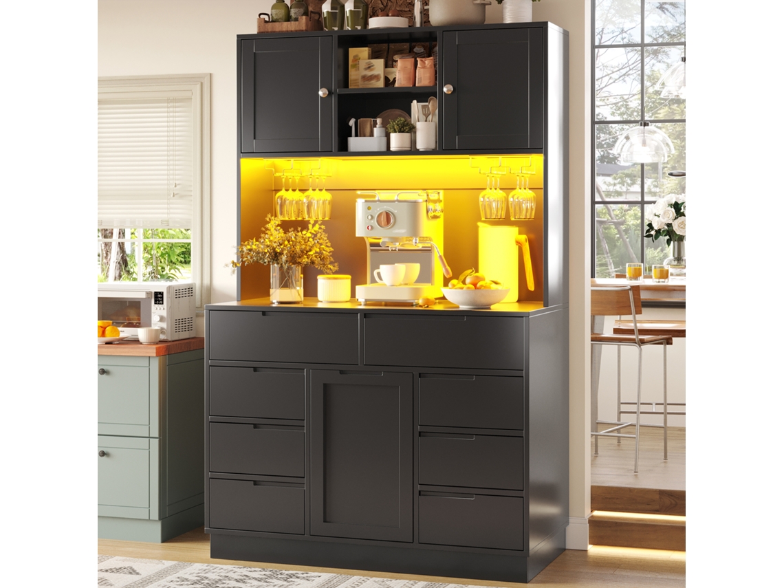 Armário Alto Inteligente Led Oito Gavetas, Fecho Magnético, Prateleiras Ajustáveis 120×40×183,5cm Cor Preta