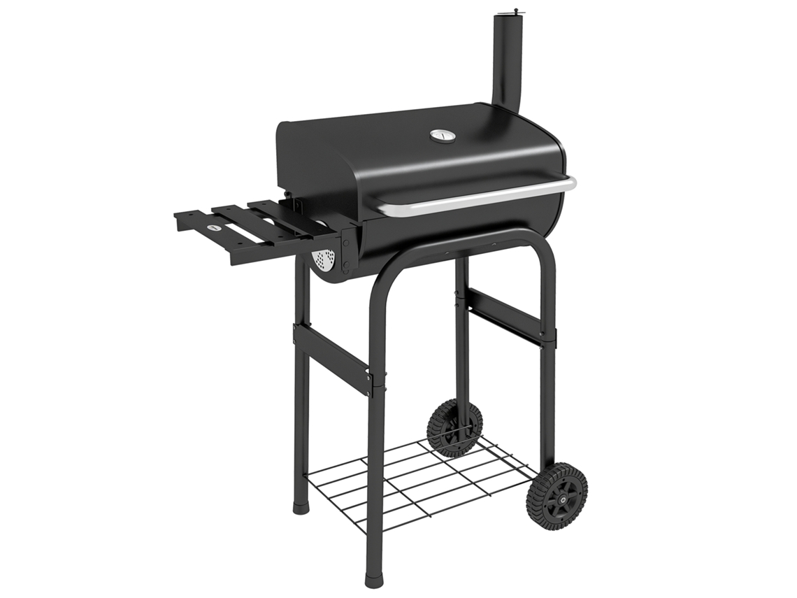 Carrinho Para Churrasco A Carvão Com Prateleiras, Rodas, Tampa, Termômetro, Chaminé, Metal Preto