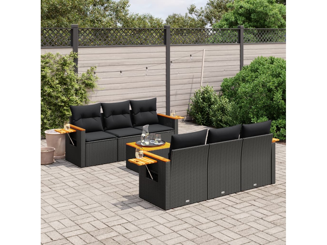 Vidaxl 7 Pcs Conjunto De Sofás P/ Jardim C/ Almofadões Vime Pe Preto
