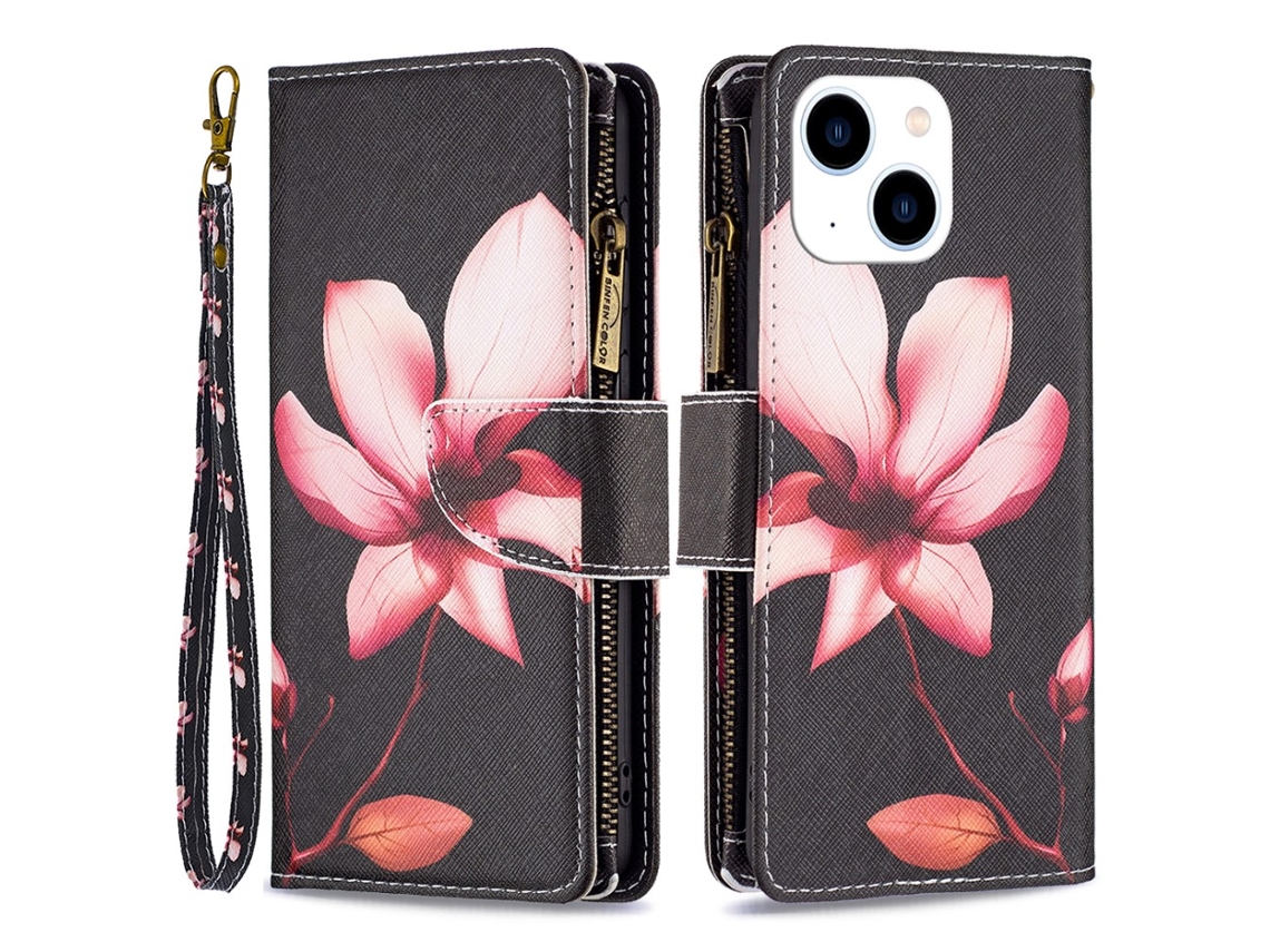 Capa Flor Para Iphone 15 Pele Sintética Rosa