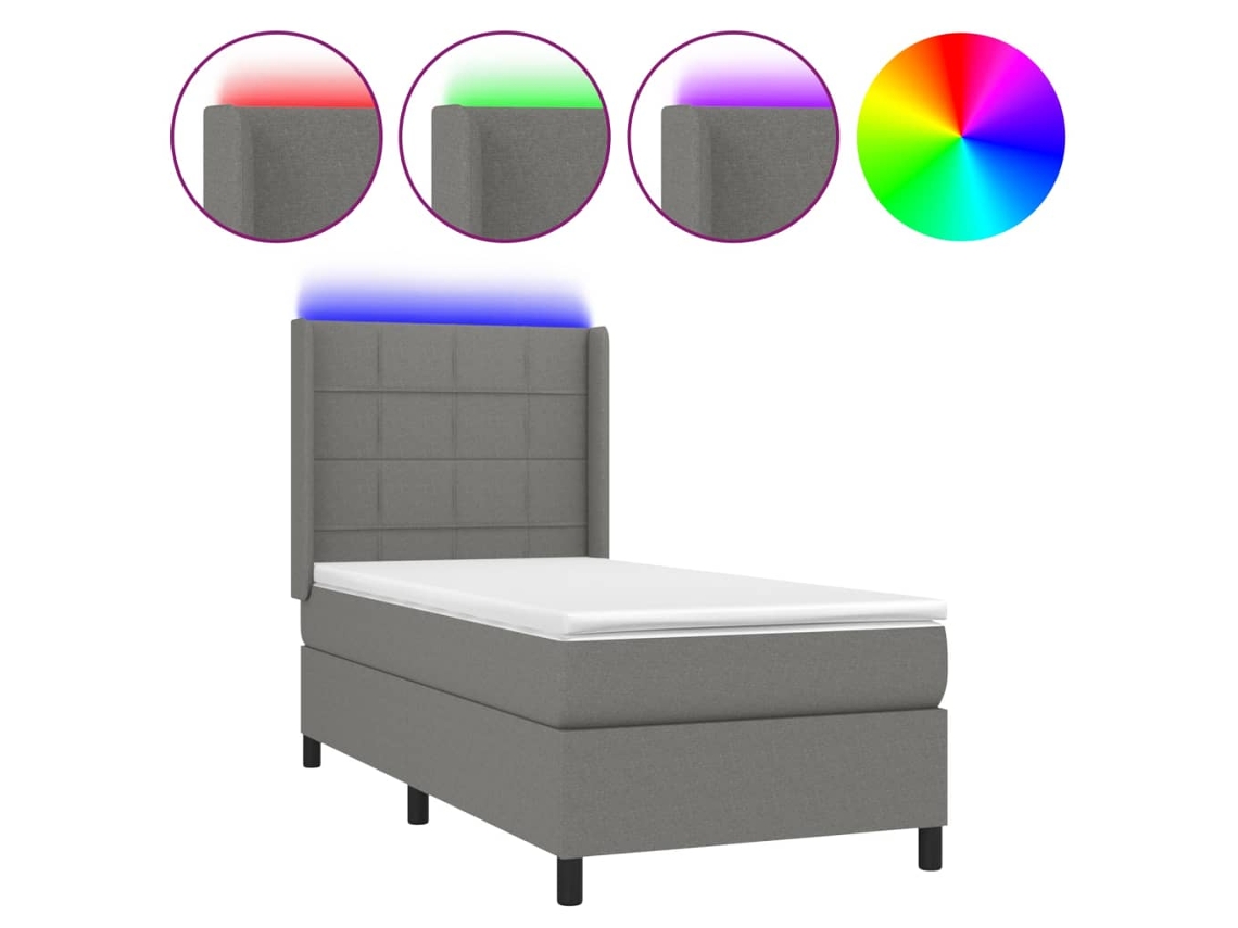 Cama Box Spring com Colchão e Led Tecido Cinza Escuro MAISON EXCLUSIVE (90x190 cm)