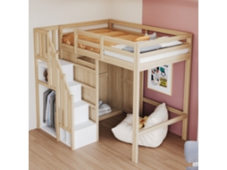 Cama Alta 90x200cm Com Armário, Escada Segura E Armazenamento Madeira Maciça