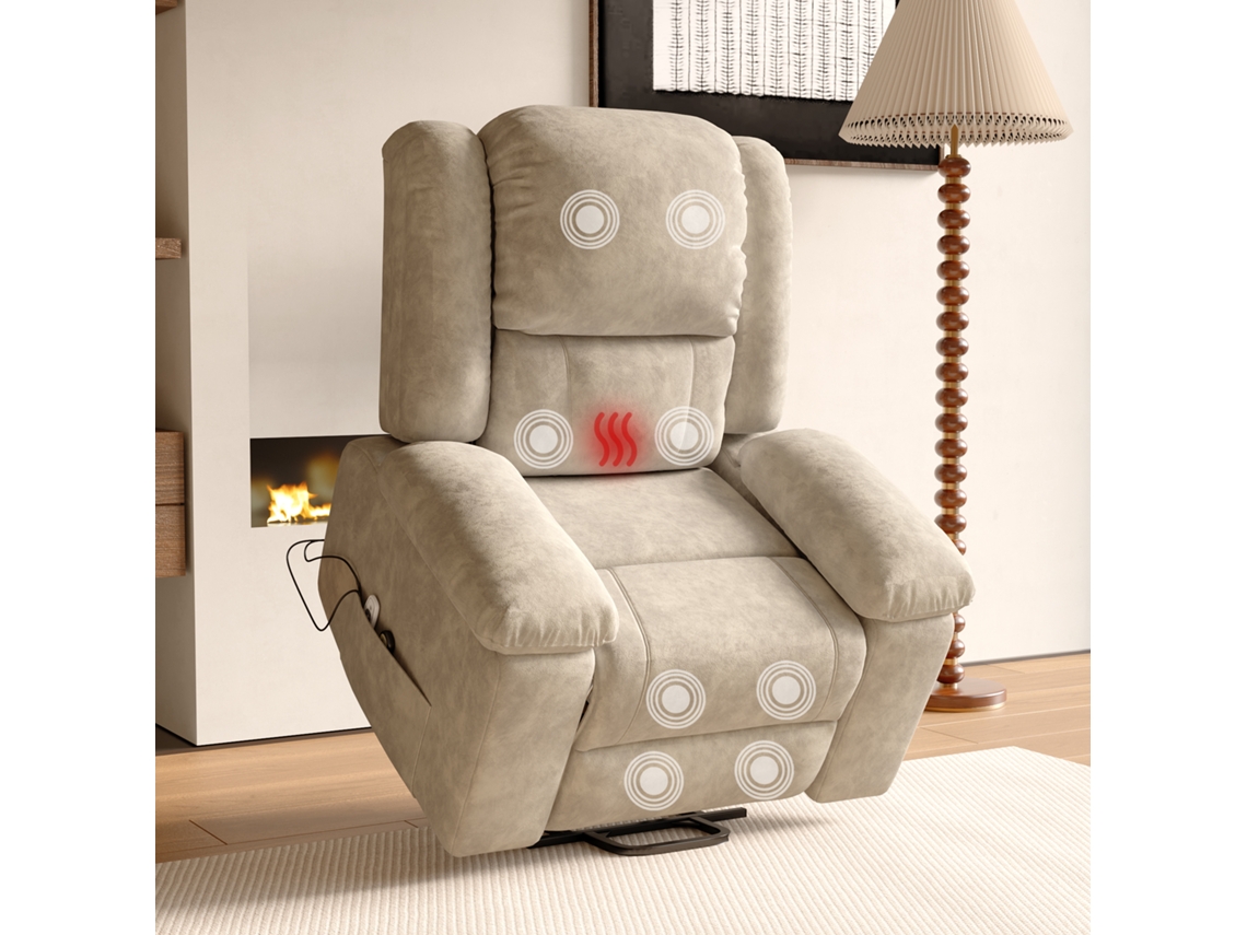 Cadeira de Massagem Elétrica SIMURQ, Tecido Efeito Camurça, 102x93x106cm, Poltrona Relax com Aquecimento e Levantamento Elétrico, Castanho