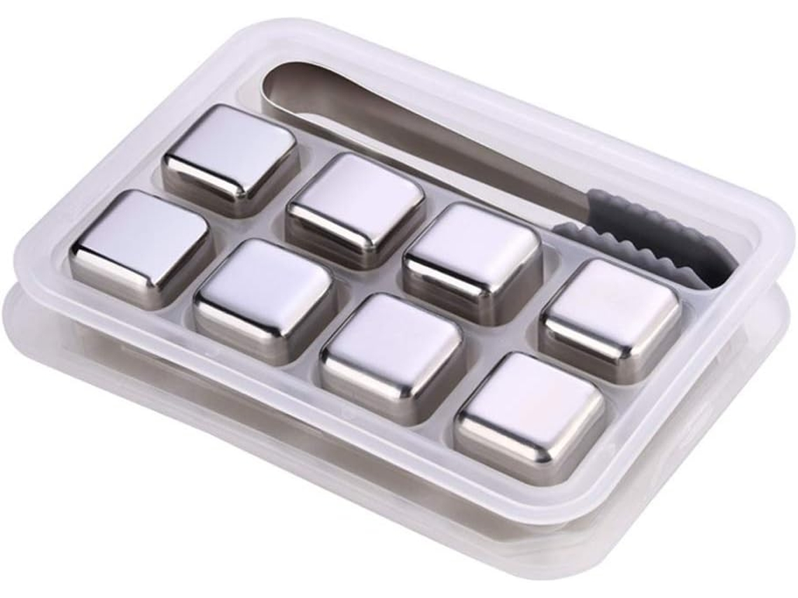 Conjunto De Presente De Luxo Whiskey Stones - 8 Cubos De Gelo Reutilizáveis Em Aço Inoxidável Com Pinça De Barman E Compartimento