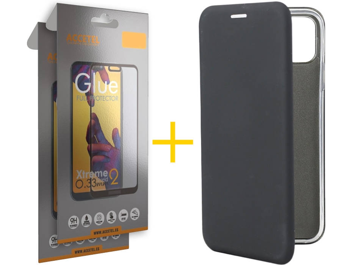 Kit Capa + Película 2 X Vidro Full iPhone 11 Pro Max Skyhe PRM Flip Cover Preto
