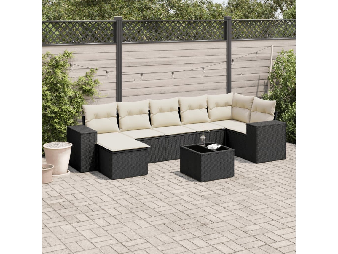 Vidaxl 8 Pcs Conjunto Sofás De Jardim Com Almofadões Vime Pe Preto