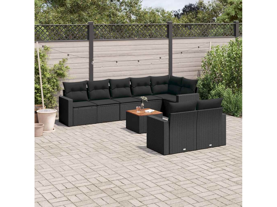 Vidaxl 9 Pcs Conjunto De Sofás P/ Jardim C/ Almofadões Vime Pe Preto