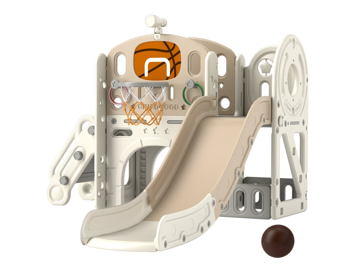 Estrutura De Brincadeiras Infantis, Escorregador 7 Em 1, Playground Interno Com Armazenamento E Túnel Rastejante, 186x153x111 Cm, Branco Creme-pt