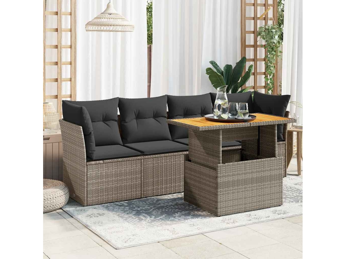 Vidaxl 5 Pcs Conjunto Sofás De Jardim C/ Almofadões Vime Pe Cinzento