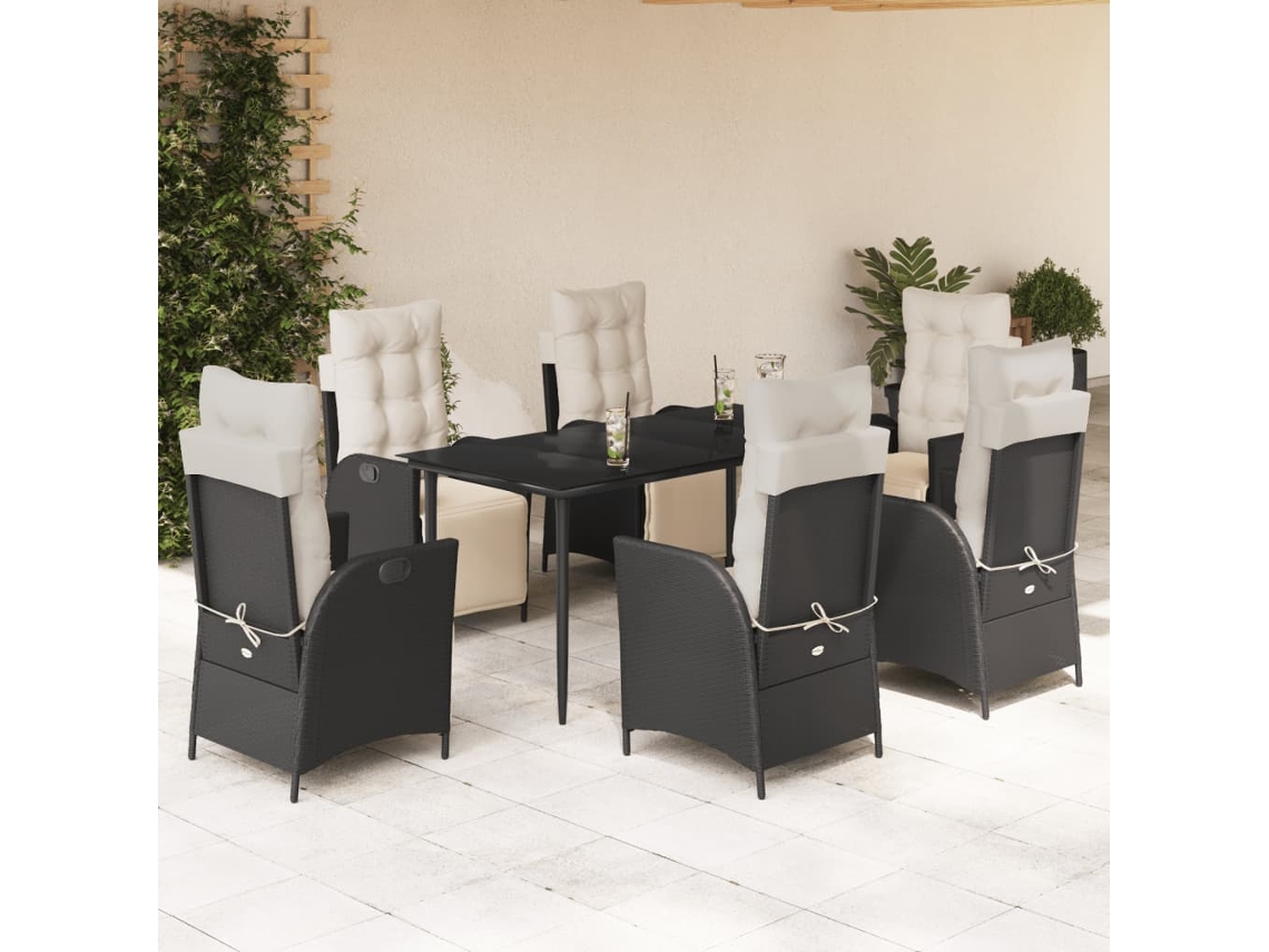 Vidaxl 7 Pcs Conjunto De Jantar P/ Jardim C/ Almofadões Vime Pe Preto