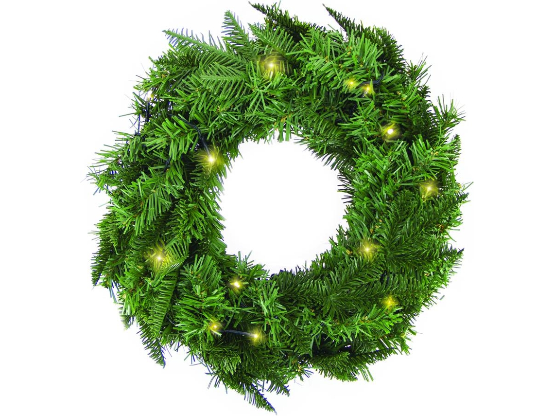 Coroa de Natal com luzes XANALITE KOZII 45cm de diâmetro, acabamento efeito pinheiro, 8 modos de iluminação, 2500 K, branco quente, 3 pilhas AAA incluídas.