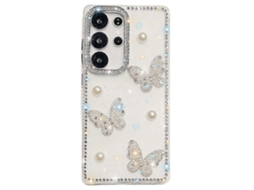 Capa Tkdaddy Para Samsung Galaxy S25 Ultra Com Strass E Borda De Pérola E Borboleta, Tpu Pc Imd, Capa De Celular Com Glitter, Branca