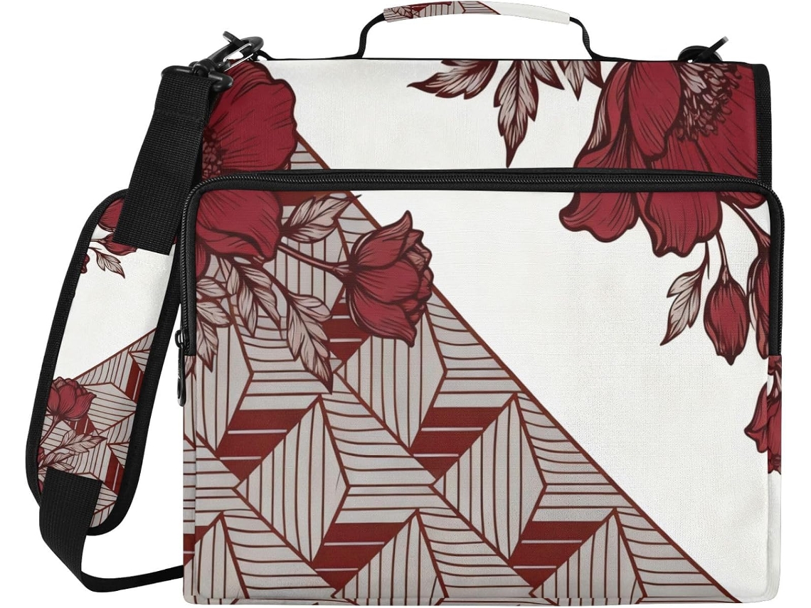 Massa De 3 Argolas 1,5 Polegadas Com Estampa Floral Em Tom Vinho, Datemento Em Zíper, Bolsa Com Zíper E Bolsa