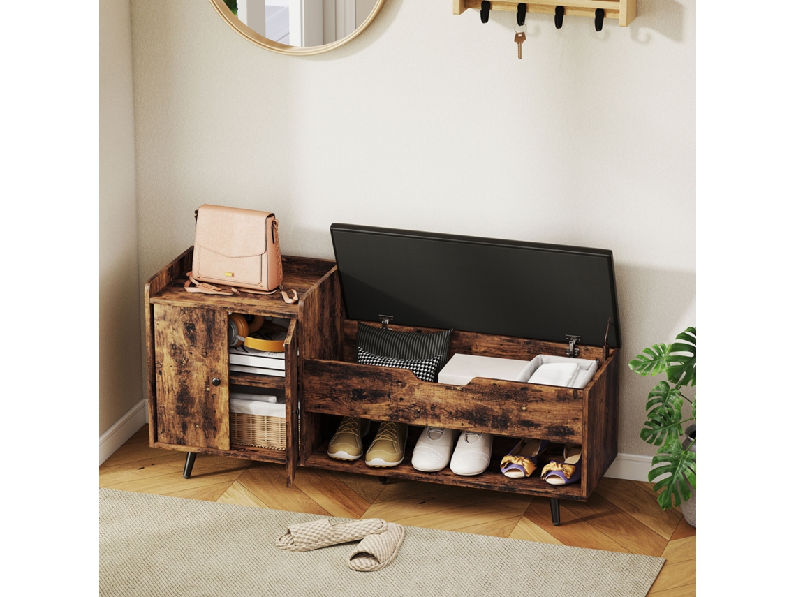 Banco Zapatero Industrial Con Asiento Acolchado Compartimento Oculto Estantes Puertas 127x35x59 Cm Marrón Rústico