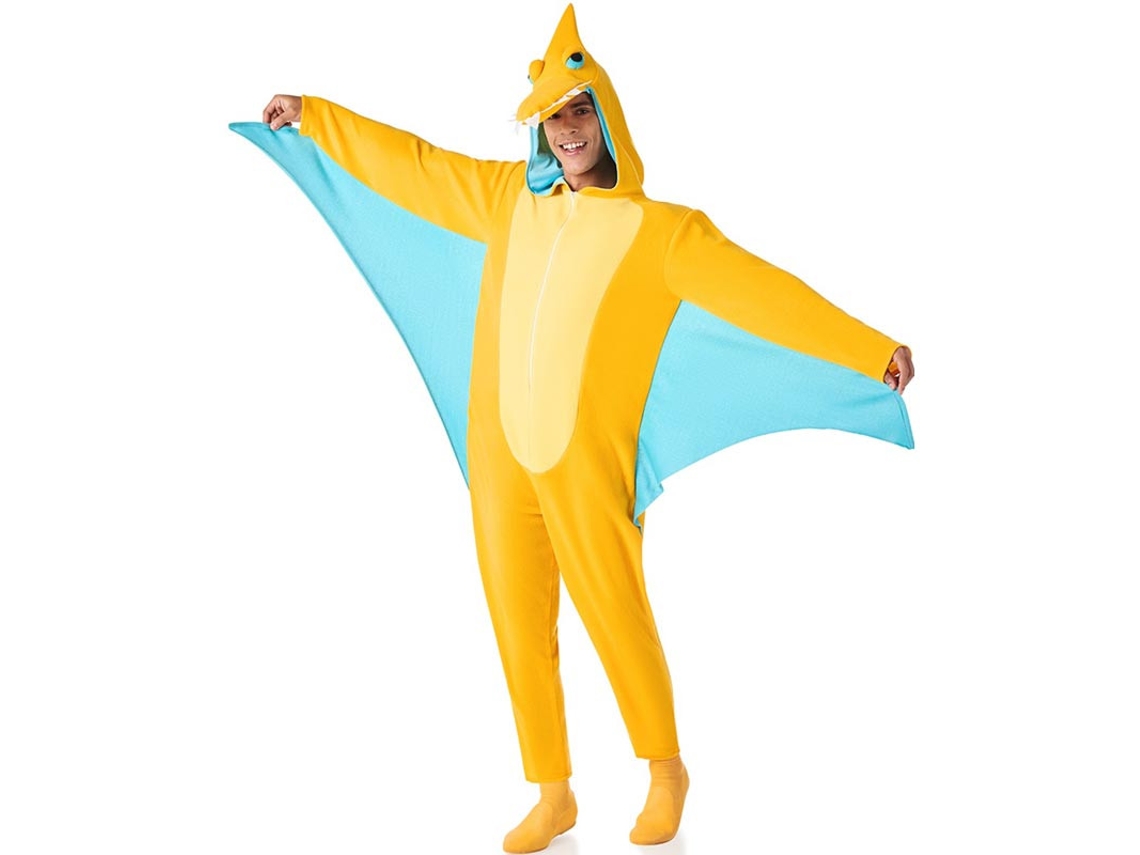 Fato de dinossauro pterodáctilo amarelo para adulto