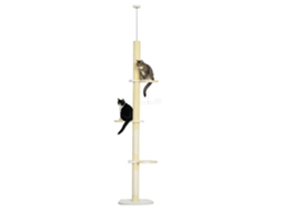 Árvore Para Gatos Do Chão Ao Teto Com Altura Ajustável 3 Plataformas Poste De Sisal E Bola Para Brincar 47x34x220-260cm Creme