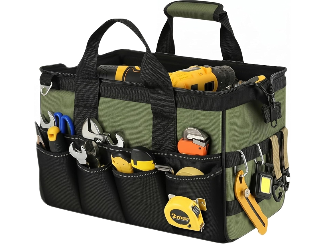 Bolsa de ferramentas resistente, com 16 compartimentos organizadores, altura ajustável para alças de ombro e de mão, ideal para carpinteiros.