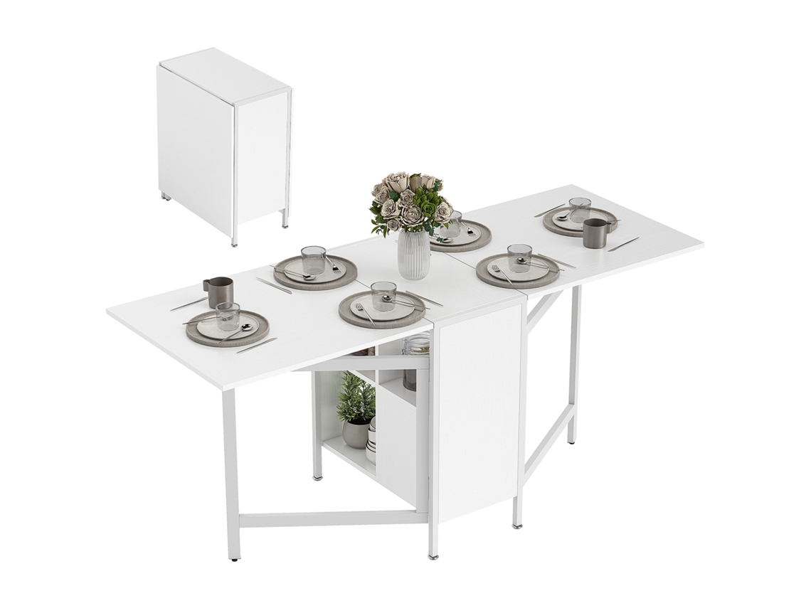 Folding Kitchen Table With Storage, Compact Dining Table With 4 Shelves, 169x60x75 Cm, White