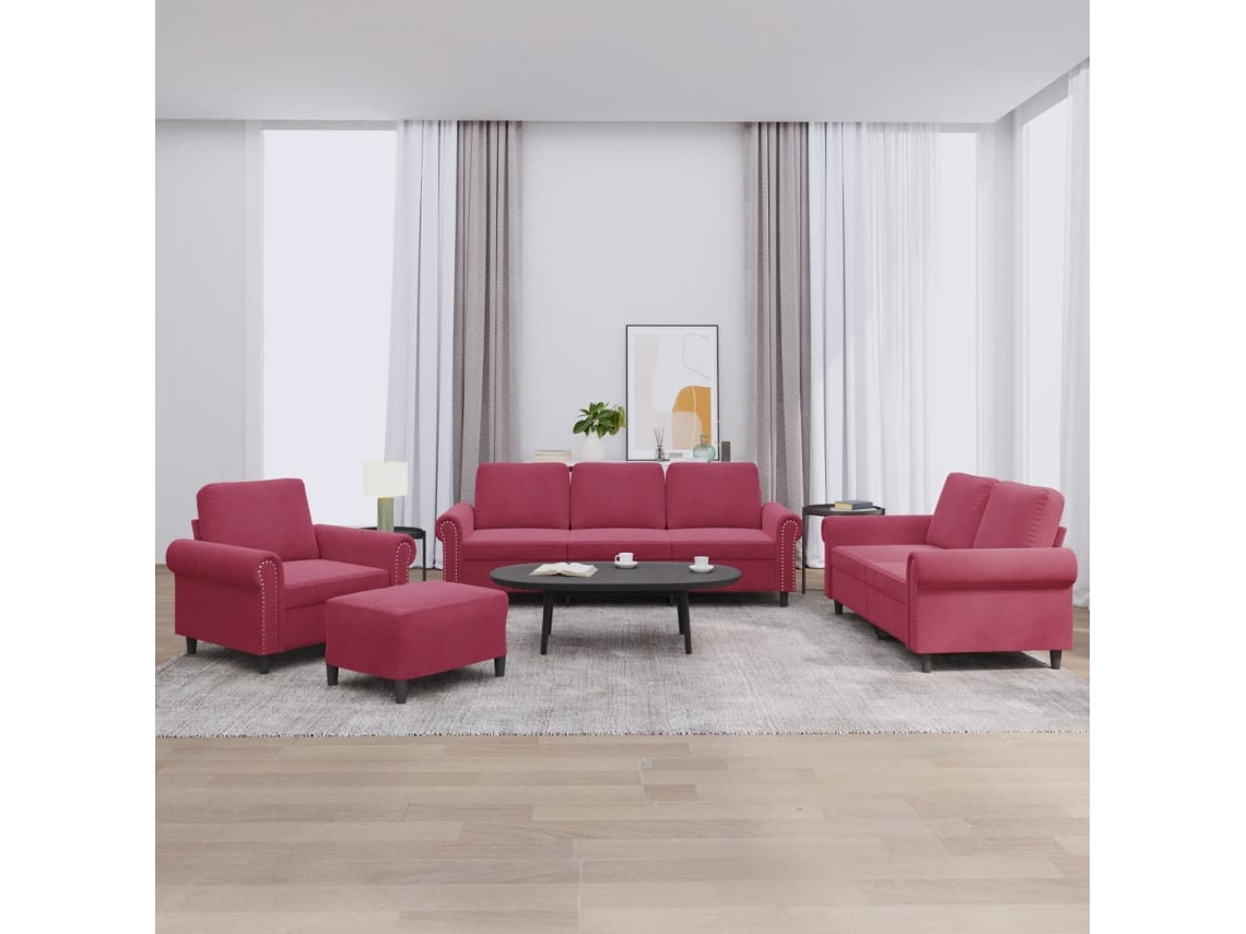 Vidaxl 4 Pcs Conjunto De Sofás Com Almofadões Veludo Vermelho Tinto