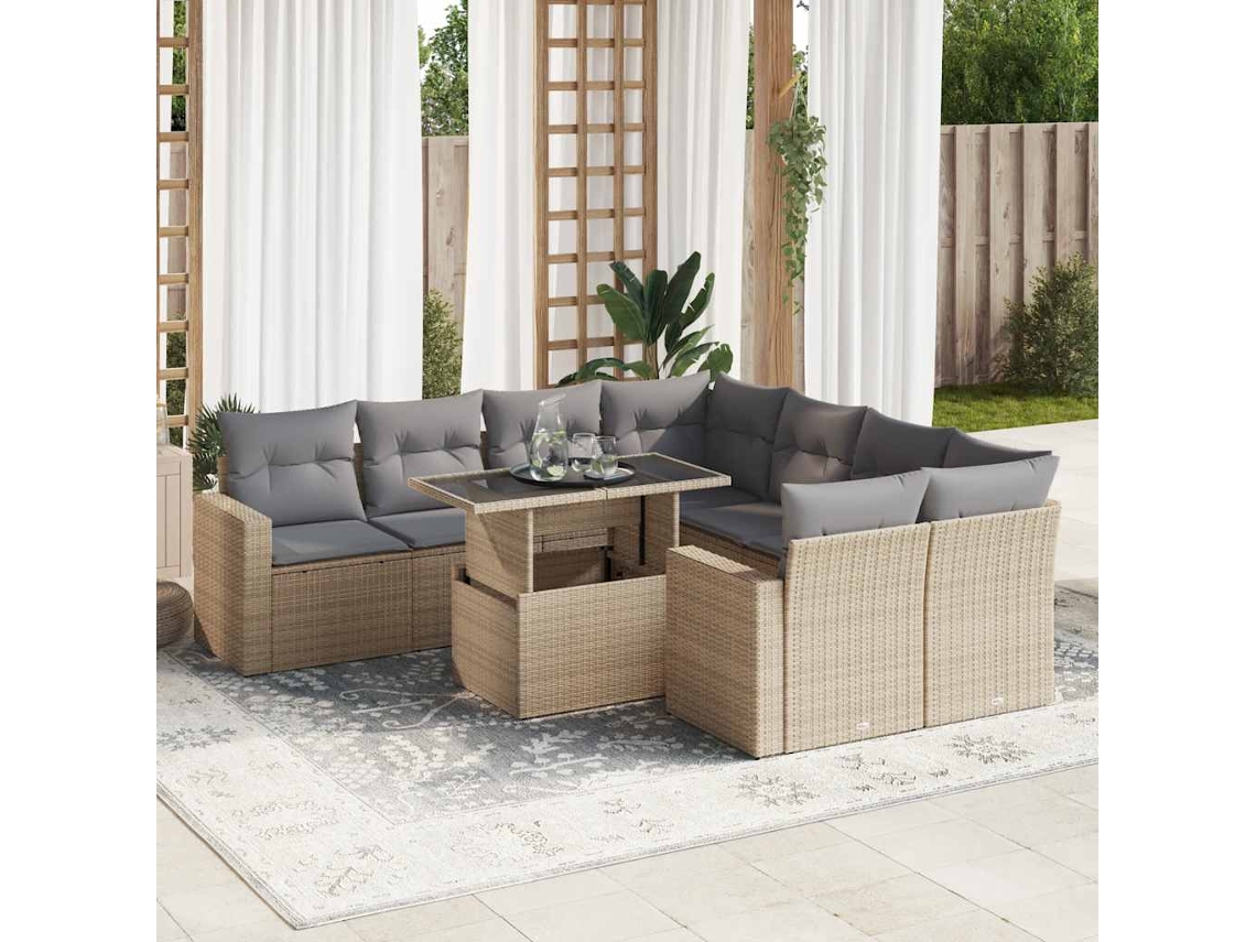 Vidaxl 9 Pcs Conjunto De Sofás P/ Jardim Com Almofadões Vime Pe Bege