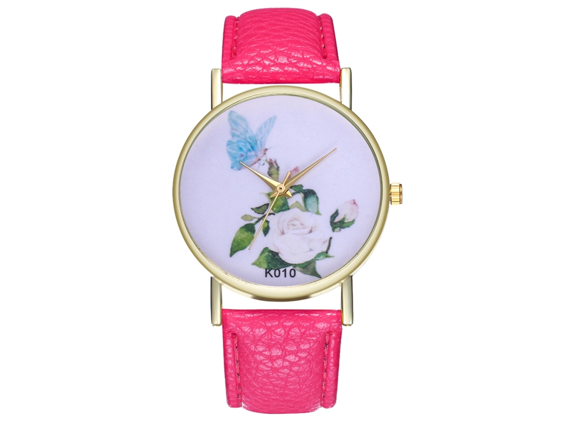 Relógio de quartzo unissex com pulseira de couro PU Zhoulianfa, mostrador floral vermelho e rosa.