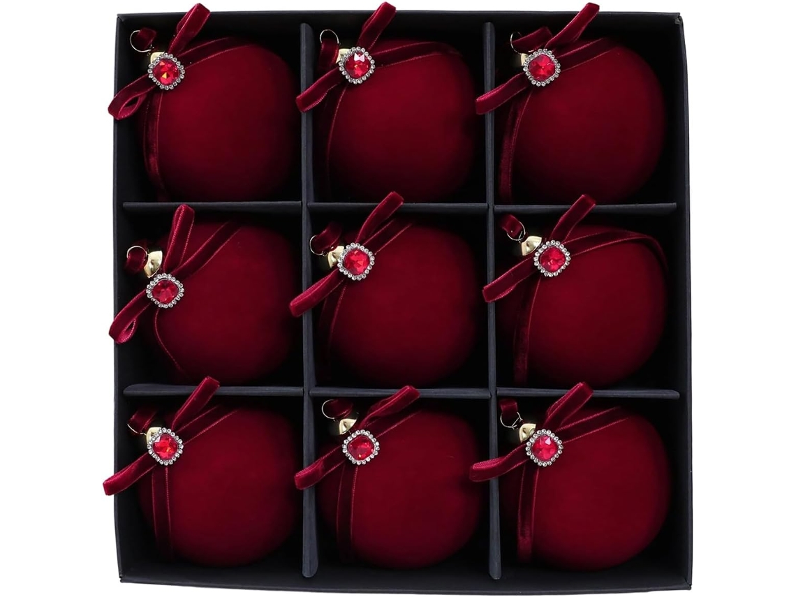 Conjunto Com 9 Enfeites De Natal Em Veludo Vermelho Para Árvore