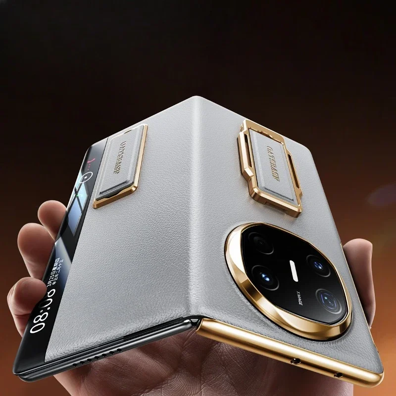 Capa De Couro Genuíno Para Celular (huawei Mate X6 Prateado), Design Com Alça Dupla Para Pulso, Suporte Giratório 360°