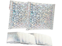 Pacote com 20 unidades de envelopes acolchoados adesivos prateados, impermeáveis e resistentes para envio.