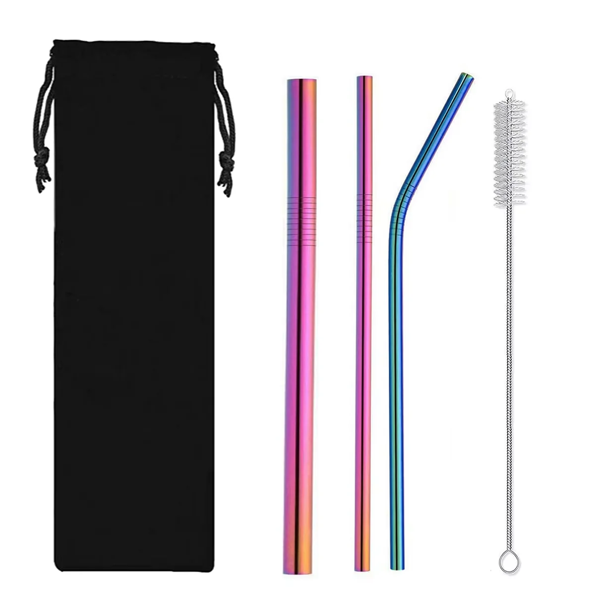 Conjunto De Canudos De Aço Inoxidável (4 Peças Coloridas): Canudo Reto, Canudo Curvo, Canudo Largo, Escova De Limpeza