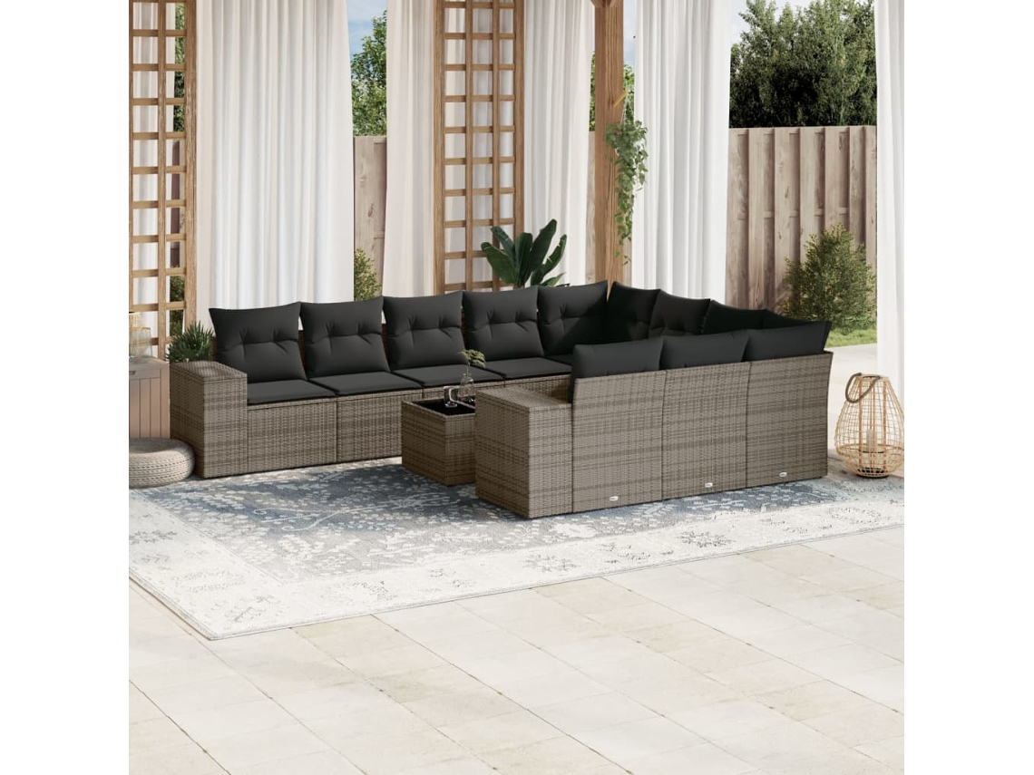 Vidaxl 11 Pcs Conjunto Sofás De Jardim C/ Almofadões Vime Pe Cinzento