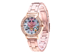Relógio Analógico de Quartzo com Pulseira de Aço Owl Rhinestone Dial (ouro Rosa)