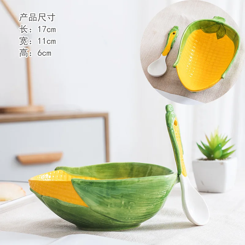 Tigela de Milho Criativa em Formato de Fruta para Arroz, com Colher Tigela de Cerâmica para Uso Doméstico MDUG