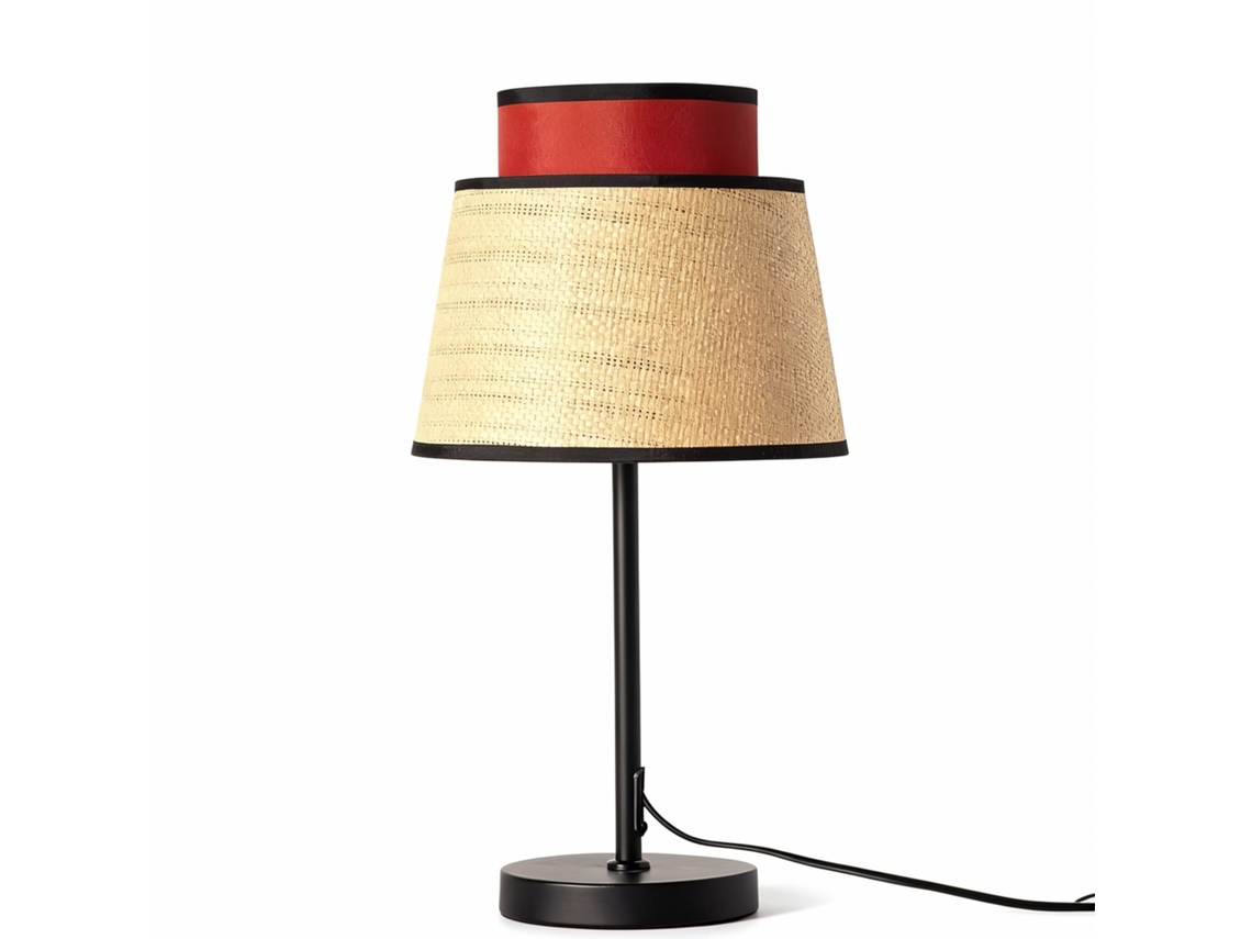Candeeiro De Mesa Com Duplo Abajur Em Vime Natural E Tecido Vermelho, Base Metálica Preta, Design Moderno E Boémio, E27