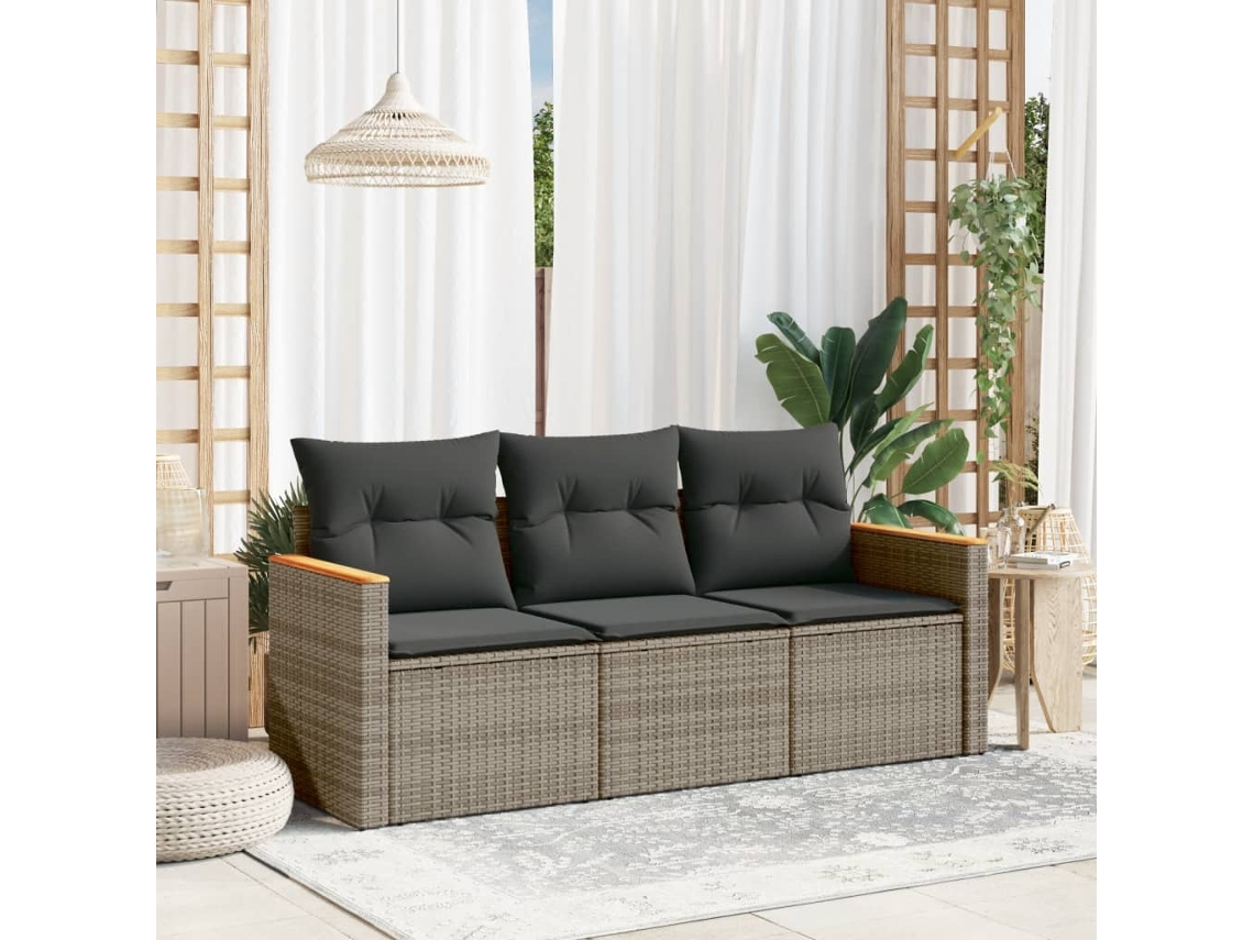 3 Pcs Conjunto Sofás De Jardim C/ Almofadões Vime Pe Cinza Dkd Home Decor