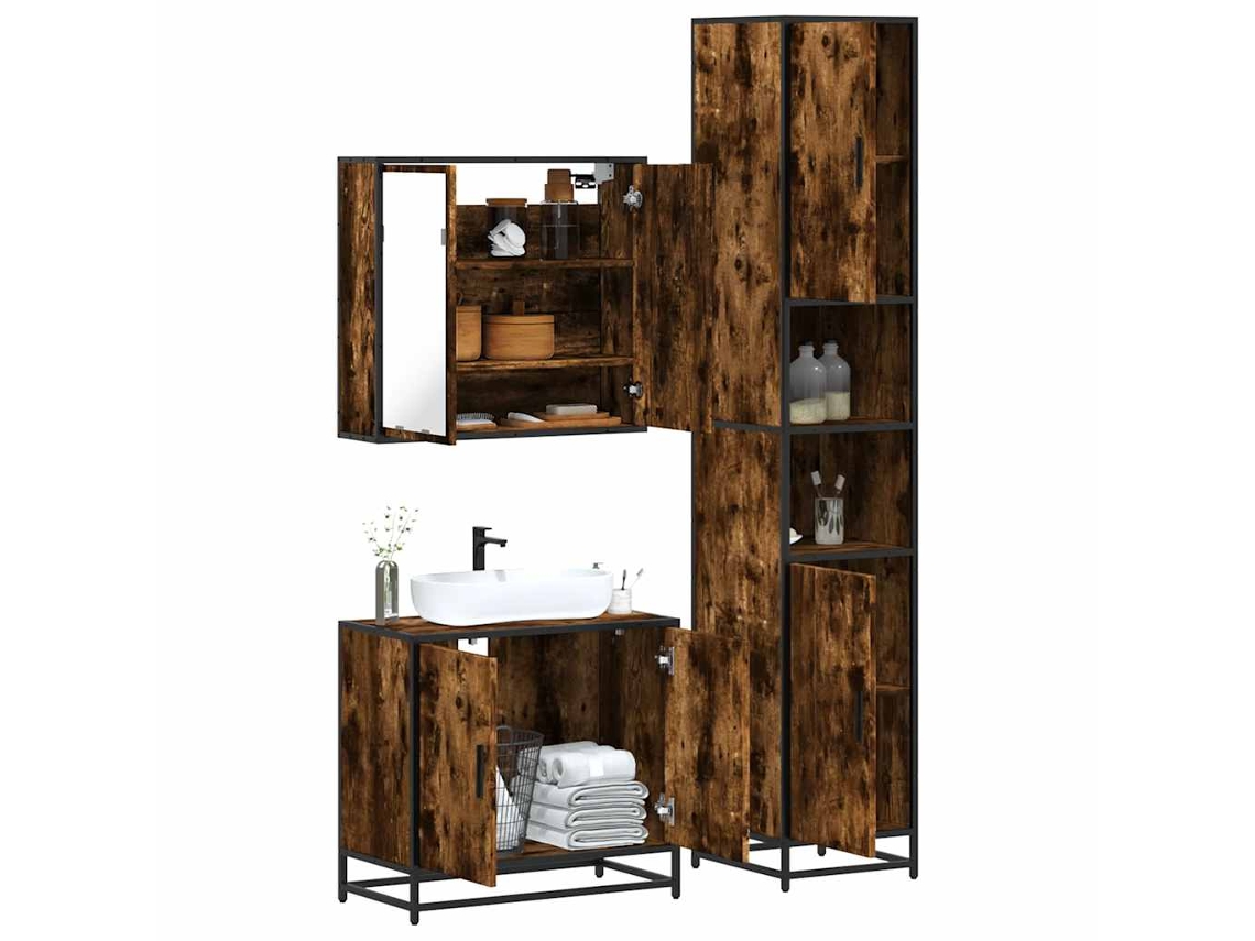 Vidaxl 3 Pcs Conjunto De Móveis Wc Madeira Processada Carvalho Fumado