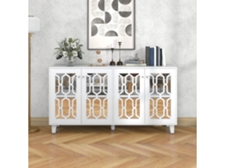 Aparador Espelhado Branco Com Alças De Cristal Elegantes, Quatro Portas, Com Laminado Móvel Para Sala De Estar E Jantar, 160 X 40 X 84cm-hm