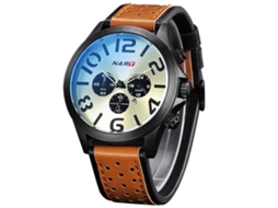 Relógio masculino de quartzo, em liga metálica, com pulseira de couro PU à prova d'água, design de três mostradores (marrom e branco)