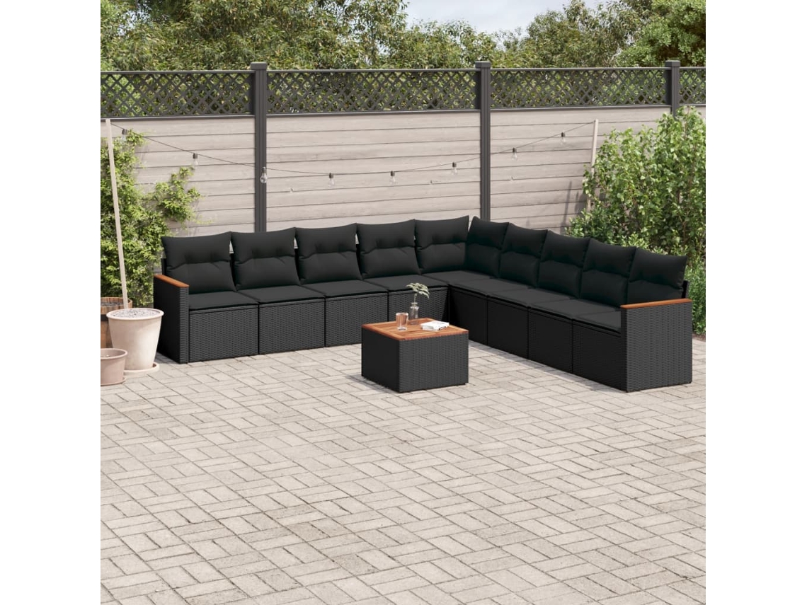 Vidaxl 10 Pcs Conjunto Sofás De Jardim C/ Almofadões Vime Pe Preto